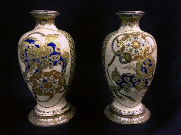 A Pair of Late 19th Century Silver Mounted Japanese Satsuma Porcelain Vases Painted with Lion Figures