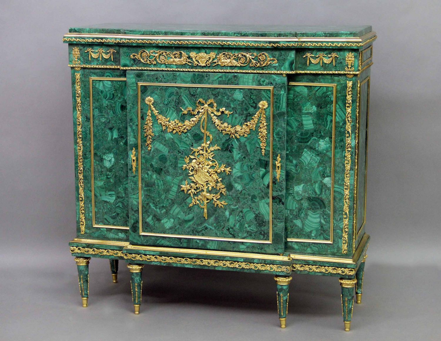Excellent Late 19th Century Malachite Furniture - Gilt Bronze Mounted Louis XVI Style Malachite Cabinet