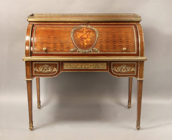 Gilt bronze mounted marquetry and parquetry bureau a cylinder