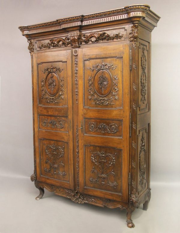 Palatial Late 18th Century Antique French Bedroom Piece - Louis Xvi Hand Carved Walnut & Mahogany Armoire