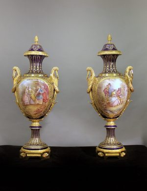 19th Century Gilt Bronze Mounted Sèvres Style Cobalt Blue Porcelain Vases and Covers