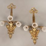 A Pair of Late 19th Century Antique Gilt Bronze Three Light Arm Sconces with Rose Shades