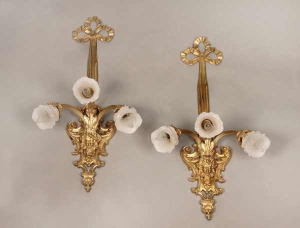 A Pair of Late 19th Century Antique Gilt Bronze Three Light Arm Sconces with Rose Shades