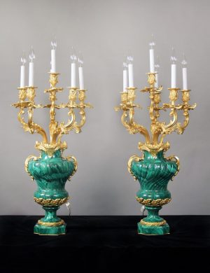 A Palatial Pair of Late 19th Century Gilt Bronze Mounted Six Light Malachite Candelabra