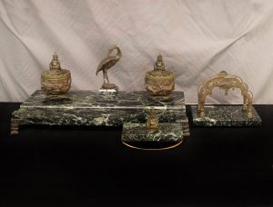 A Very Nice Late 19th Century Bronze and Marble 3 Piece Desk Set