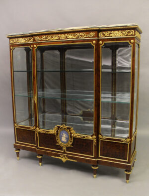 An Interesting Late 19th Century Louis XVI Style Gilt Bronze and Wedgwood Mounted Parquetry Vitrine
