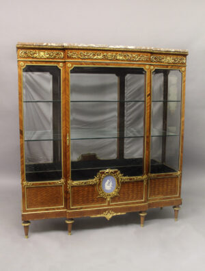 An Excellent Quality Late 19th Century Louis XVI Style Gilt Bronze and Wedgwood Mounted Parquetry Vitrine