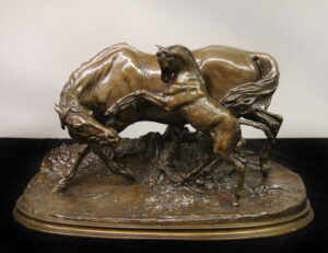 An Excellent Quality Late 19th Century Bronze Sculpture of a Mare and Her Rearing Colt by P.J. Mene and Barbedienne