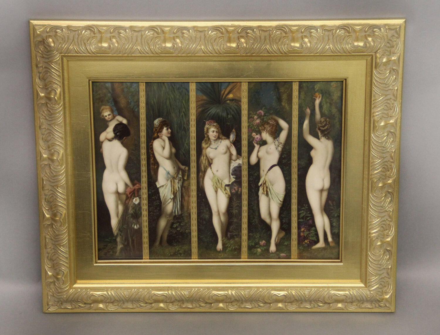 19th century rectangular painting of 5 senses and in gold frame