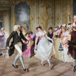 19th century painting of a man and woman dancing together in front of a crowd of women.