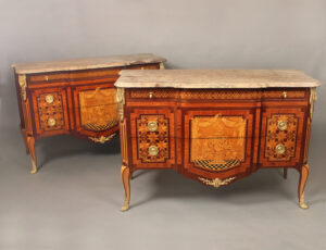 A Fantastic Pair of Early 20th Century Gilt Bronze Mounted Louis XV Style Inlaid Marquetry and Parquetry Commodes