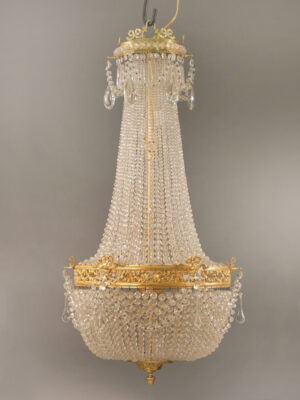 A Nice Late 19th Century Gilt Bronze Beaded Basket Eleven Light Chandelier