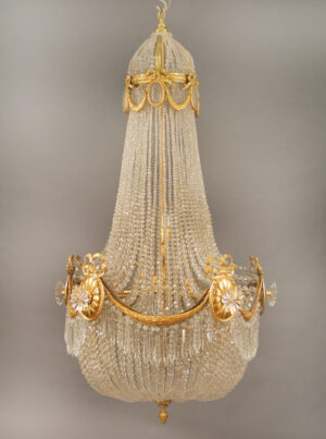 An Excellent Late 19th/Early 20th Century Gilt Bronze Beaded Basket Five Light Chandelier