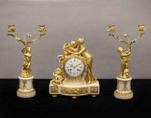 A Beautiful Late 19th Century Gilt Bronze and Marble Three Piece Clock Set - Lieutaud Paris