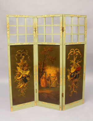 A Beautiful Early 20th Century Gilt and Painted Wood Three Panel Floor Screen