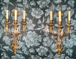 An Excellent Pair of Late 19th Century Gilt Bronze and Crystal Three Light Sconces