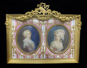 A Stunning Late 19th Century Gilt Bronze, Enamel and Porcelain Frame with Glass Portraits of Royal French Women