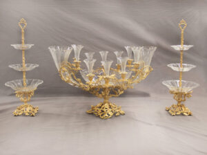 A Large and Exceptional Late 19th Century Gilt Bronze and Cut Crystal Three Piece Garniture De Table By Baccarat