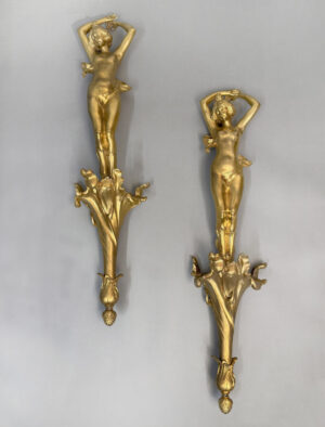 A Unique Pair of Early 20th Century Art Nouveau Gilt Bronze Hanging Wall Sculptures