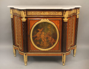 An Exceptional Late 19th Century Gilt Bronze Mounted Louis XVI Style Vernis Martin, Marquetry and Parquetry Cabinet By Beurdeley