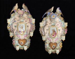 An Interesting Pair of Early 20th Century German Porcelain Six Light Hanging Wall Sconces