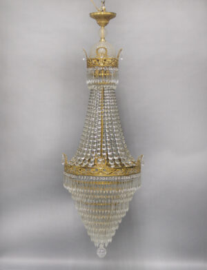 An Exceptional Late 19th Century Gilt Bronze and Beaded Seven Light Russian Empire Style Drop Crystal Chandelier