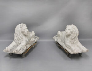 An Impressive Pair of Late 19th Century Carved Carrara Marble Recumbent Garden / Gatekeeper Lions
