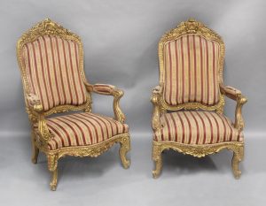 An Excellent Hand Carved Pair of Late 19th Century Gilt Wood Italian Armchairs