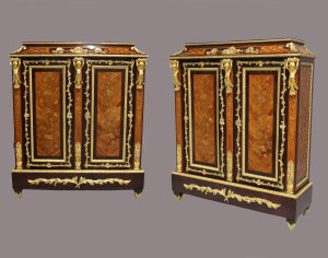 An Exquisite Pair of Mid 19th Century Gilt Bronze Mounted Louis XVI Style Kingwood and Fruitwood Marquetry and Parquetry Cabinets - Béfort Jeune